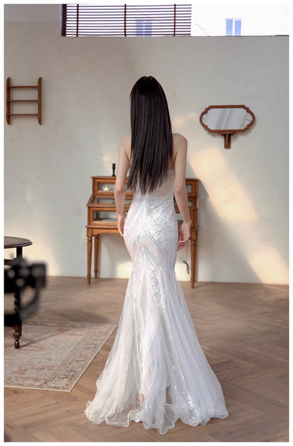 Classy Feathers Strapless White Tulle Sequin Mermaid Long Evening Dress Prom Dresses D2398