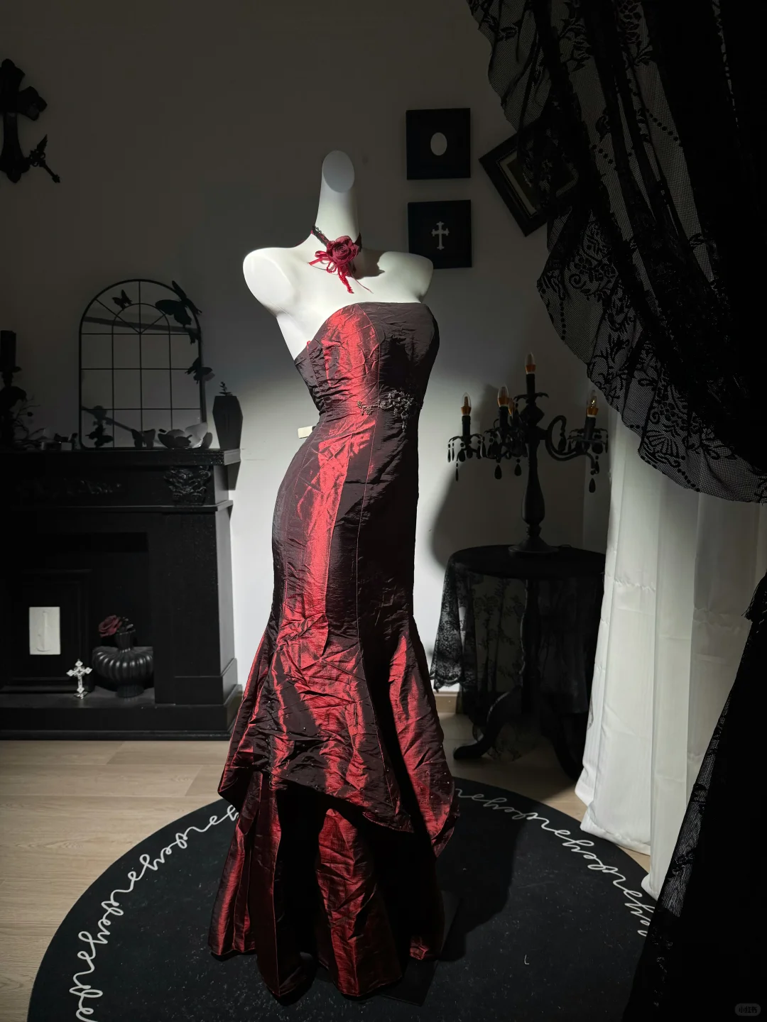 Vintage Burgundy Strapless Satin Beaded Mermaid Evening Dress Long Prom Gown D3732