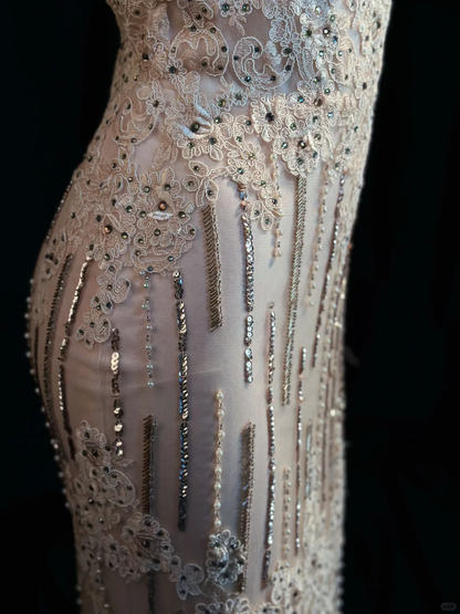 Classy V Neck Apricot Pink Sequin Beaded Mermaid Long Party Dress Evening Dress With Appliques D2516