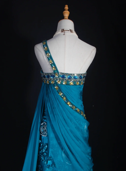 Vintage Blue One Shoulder Satin Beaded Mermaid Evening Dress Long Party Dress With Florals D2288