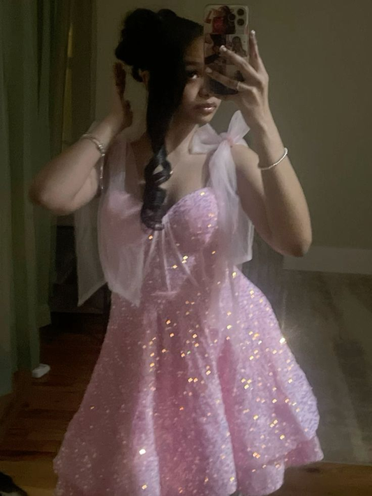 Charming Pink Sequin A Line Short Graduation Homecoming Dress 21st Birthday Outfits D586