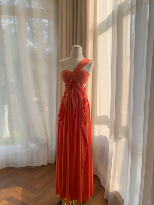 Sexy One Shoulder Orange Chiffon A Line Long Evening Dress Backless Prom Gown D2983