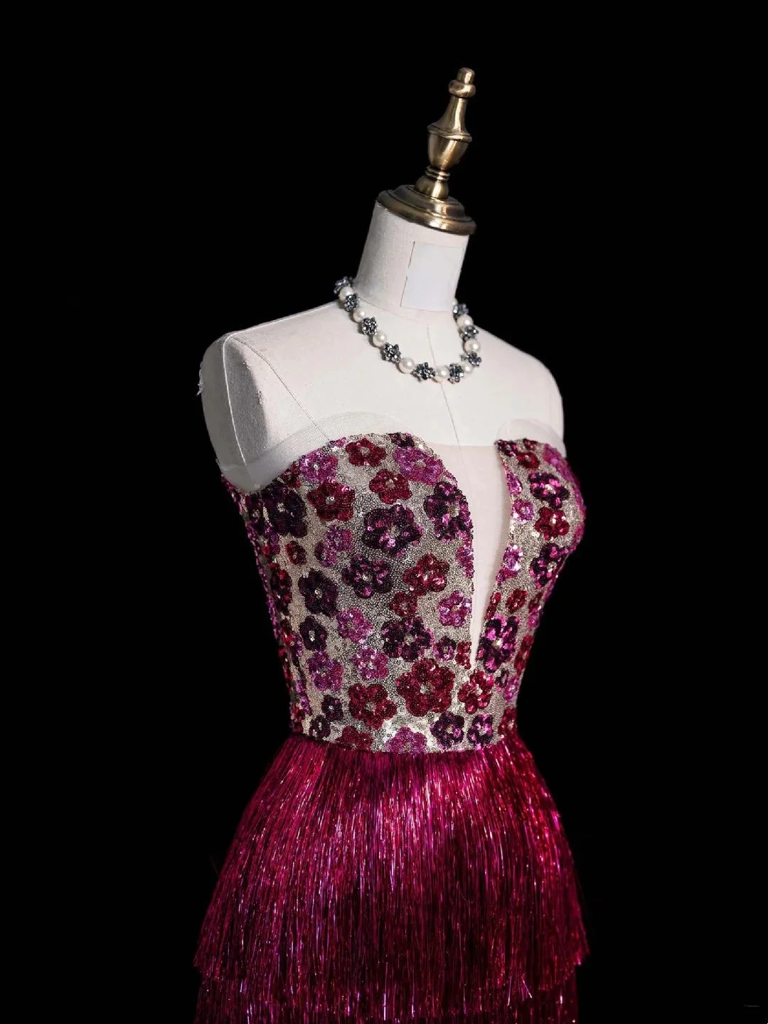 Sparkly Strapless Dark Fuchsia Sequin Tassel Layered Sheath Long Party Dress Evening Gown D4846