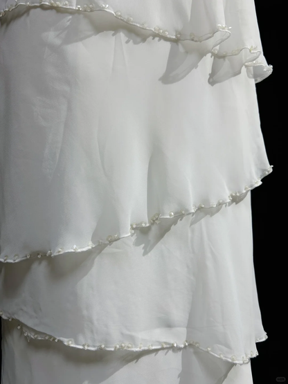 Classy White Sleeveless Chiffon Layered Beaded Long Party Dress Evening Dress D2841