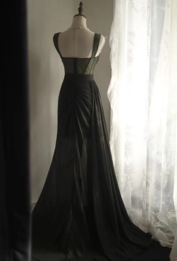 Vintage Green Spaghetti Straps Satin Beaded Mermaid Slit Long Evening Dress Party Gown D2202