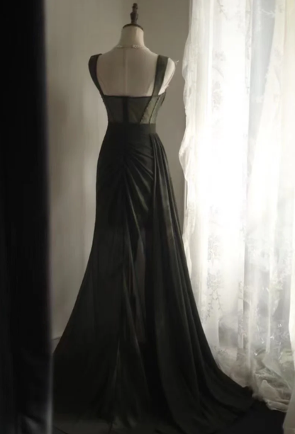 Vintage Green Spaghetti Straps Satin Beaded Mermaid Slit Long Evening Dress Party Gown D2202