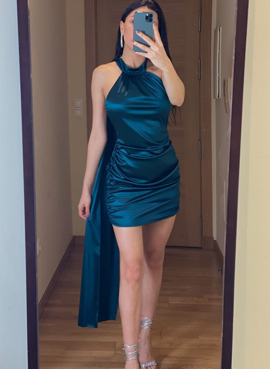 Classy Blue Halter Sleeveless Sheath Short Party Dress Formal Cocktail Dress Homecoming Dress D054