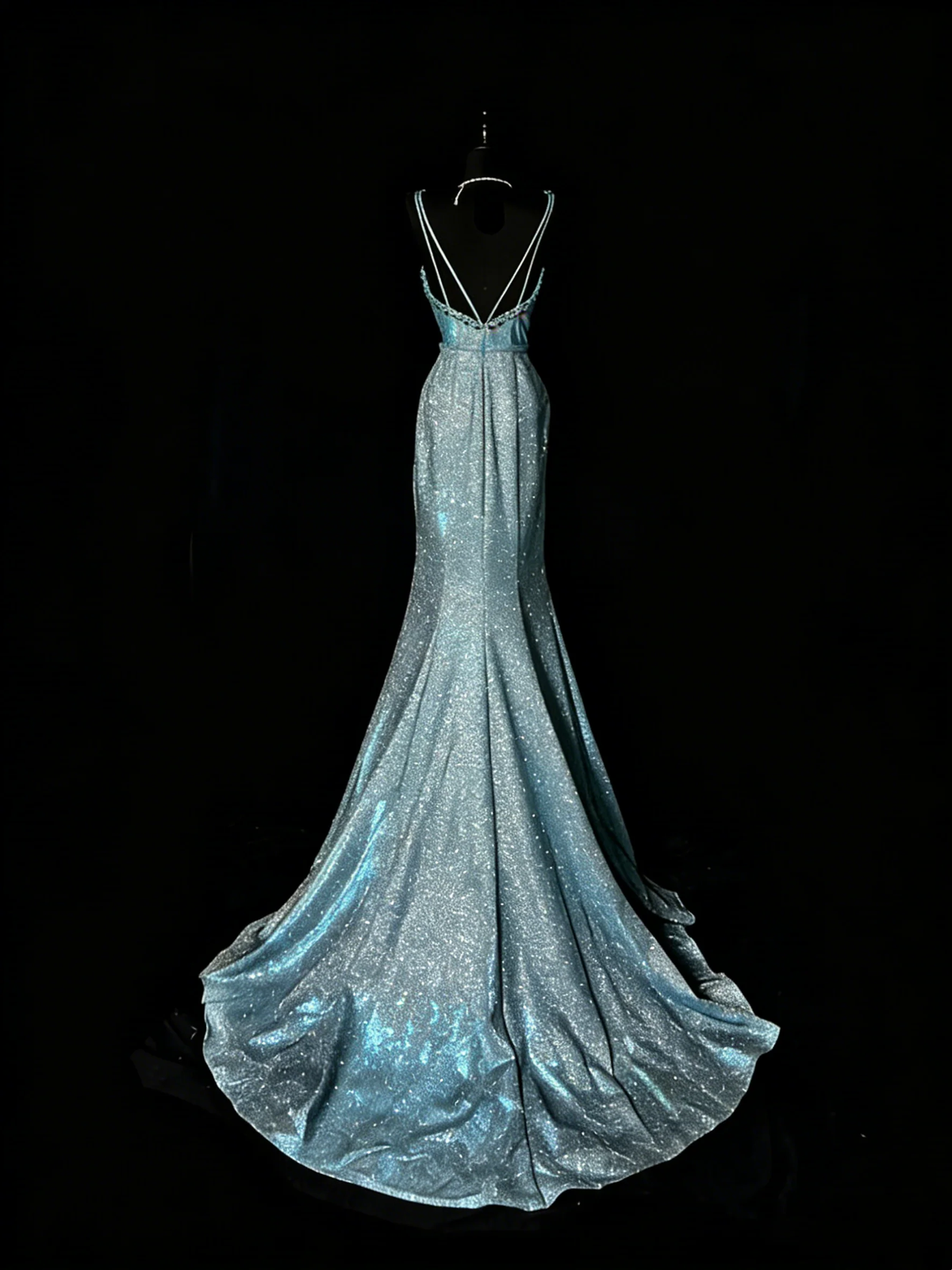 Glitter V Neckline Sequin Beaded Mermaid Party Dress Blue Long Evening Gown D4888