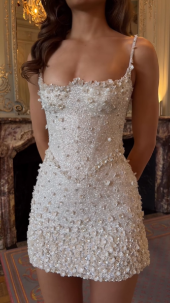 Shiny White Spaghetti Strap Mini Homecoming Dress, 3D Floral Rhinestone Sequin Sparkly Short Evening Dress D3162