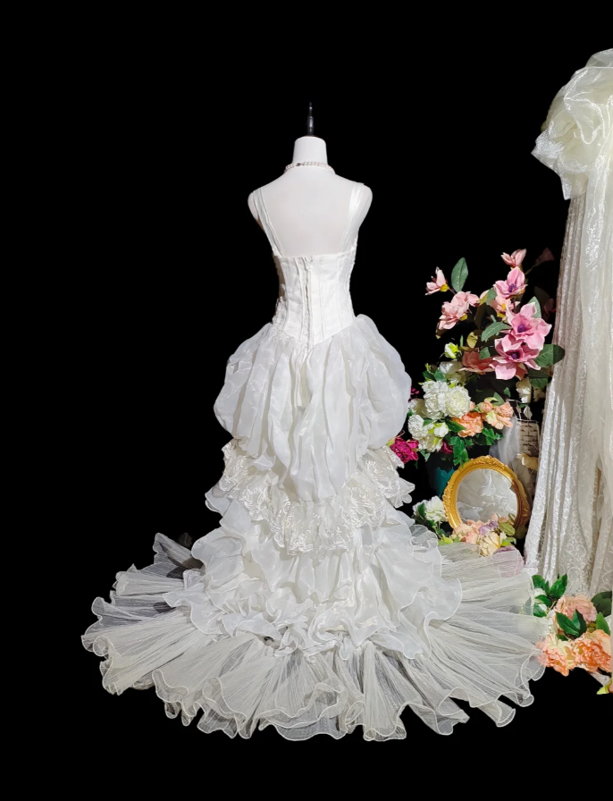 Classy Spaghetti Straps White Satin Tulle Layered Ruffles Long Mermaid Evening Dress Birthday Party Dress D2362
