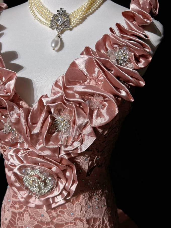 Pretty Pink V Neck Lace Mermaid Birthday Prom Dress Long evening Dress Party Gown D2063