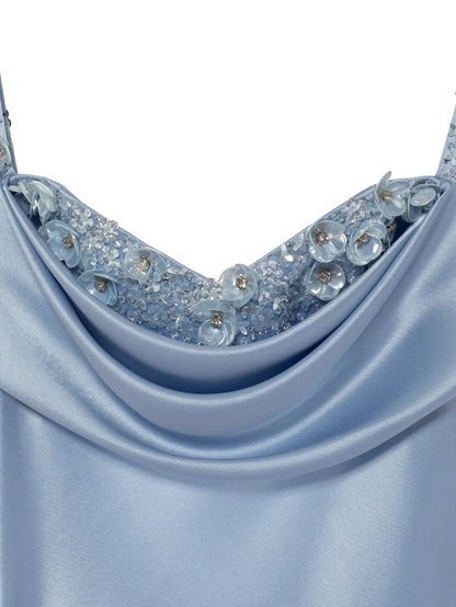 Classy Blue Spaghetti Straps Satin Beaded Mermaid Evening Dress Long Wedding Guest Dress D1402