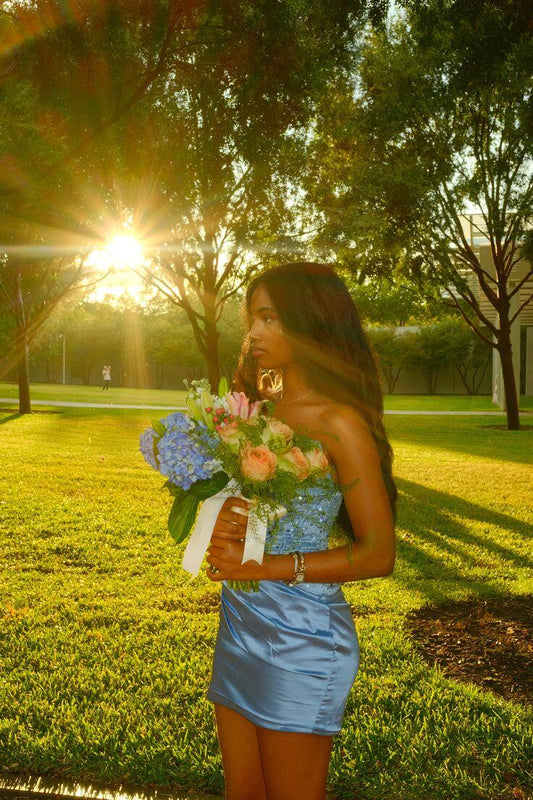 Charming Strapless Blue Sequin Satin Sheath Short Homecoming Dress Mini Birthday Dress D3469