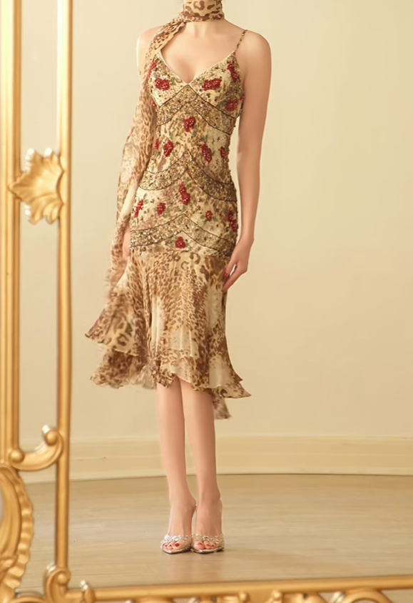 Vintage Spaghetti Straps Leopard Print Beaded Chiffon Mermaid Prom Dress Evening Dress With Scarf D2751