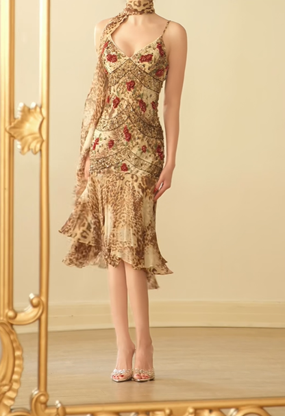 Vintage Spaghetti Straps Leopard Print Beaded Chiffon Mermaid Prom Dress Evening Dress With Scarf D2751