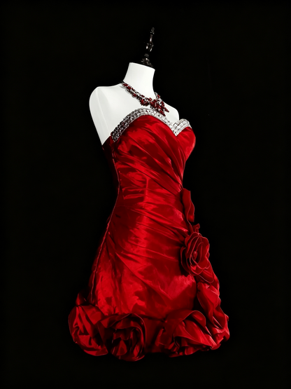 Sexy Red Satin Beaded Short Graduation Homecoming Dress,Sweetheart Neck Mini Birthday Prom Dress D4060