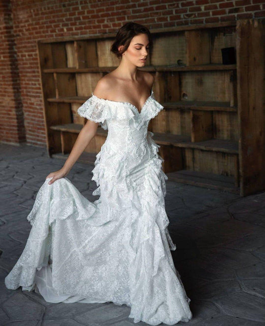 Classy Off The Shoulder White Lace Ruffles Mermaid Long Wedding Dress D5070