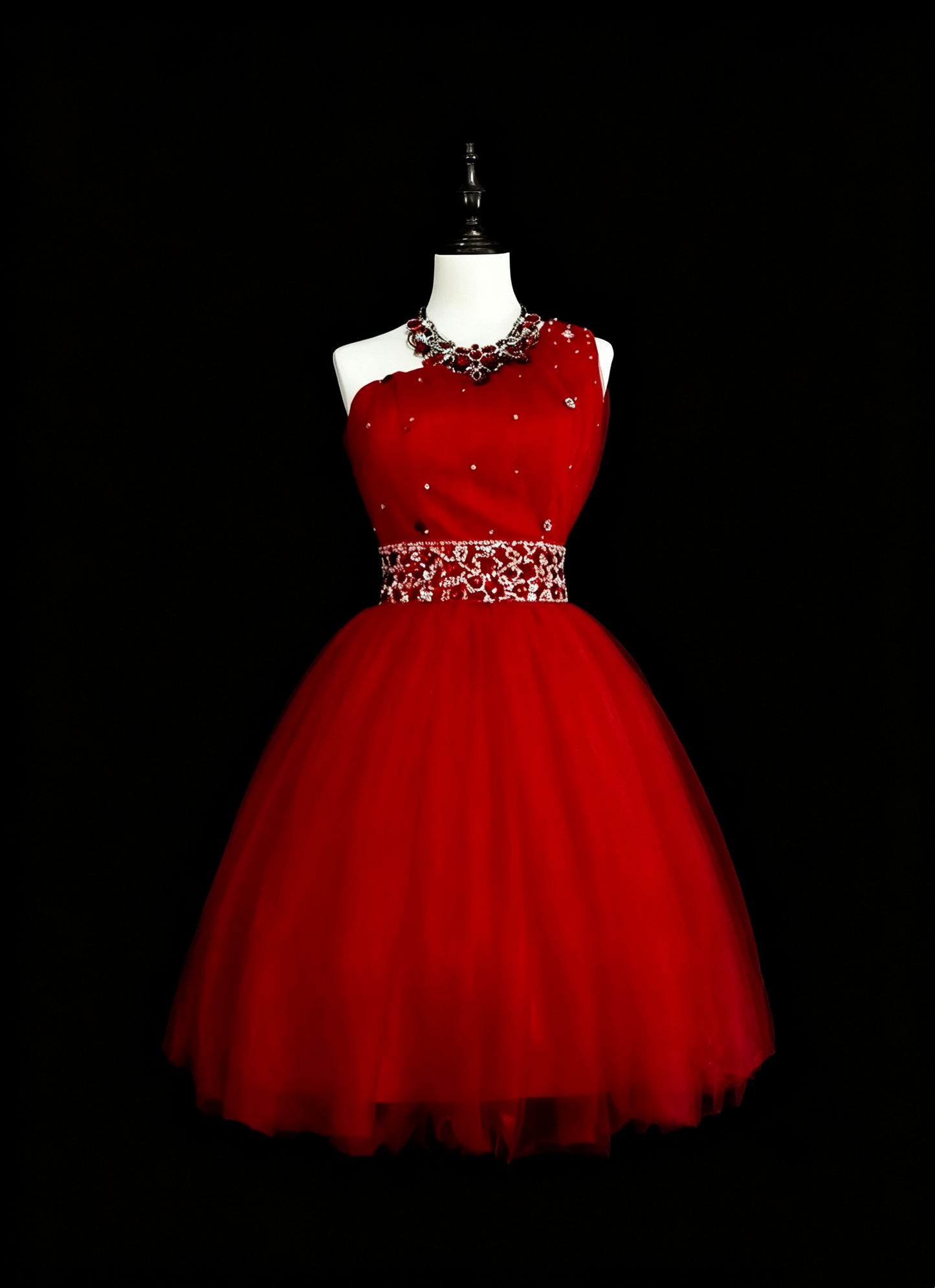 Charming One Shoulder Tulle Beaded A Line Short Party Dress,Red Short 15th Birthday Outfits D4054