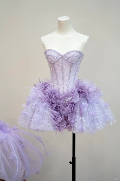 Charming Sweetheart Neck Tulle Beaded Short 16th Birthday Outfits,Purple Homecoming Dress With Bow D3062