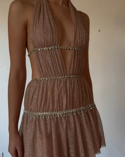 Shiny Halter Deep V Tulle Beaded Short 7th Grade Homecoming Dress Sexy Cocktail Dress D617