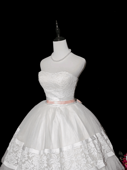 Sweet Strapless Lace Tulle Short Birthday Outfits,White Short 9th Grade Homecoming Dress D3164