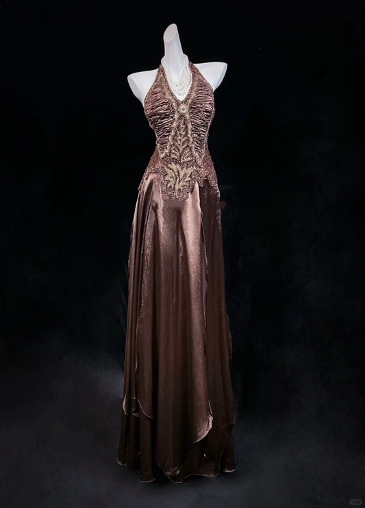 Retro Halter V Neck Brown Satin Beaded A Line Slit Long Party Dress Birthday Dress D2844