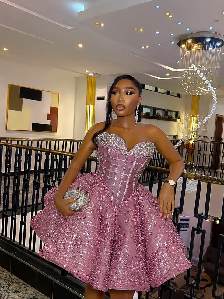 Gorgeous Pink Strapless Satin Sequin Beaded A Line Short Homecoming Dress,Mini 17th Birthday Outfits D3686