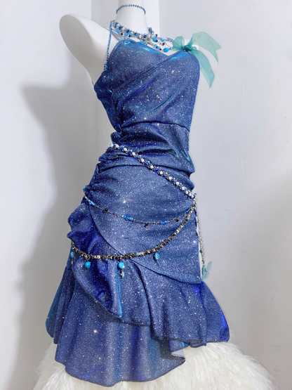 Glitter Spaghetti Straps Navy  Blue Ruffles Short Homecoming Dress Birthday Outfits  S607
