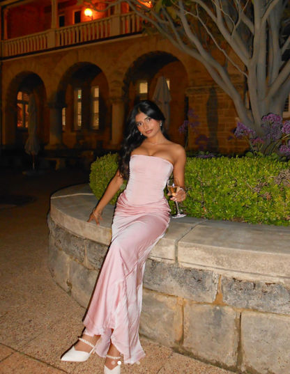 Classy Pink Strapless Satin Mermaid Bridesmaid Dress Long Wedding Guest Dress D1956