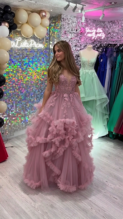 Modern Spaghetti Straps Purple Tulle Appliques Long Evening Dress Party Gowns D5446