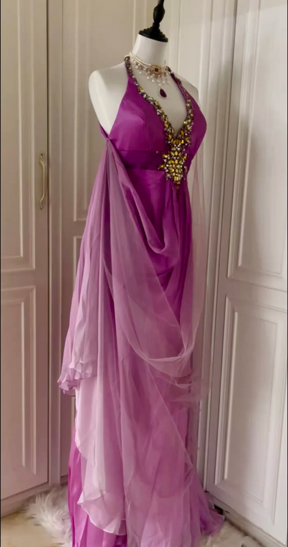 Sexy Ombre Purple Halter Satin Beaded Mermaid Long Evening Dress Backless Birthday Prom Dress D3095