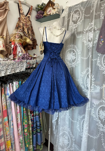 Charming Spaghetti Straps Blue Tulle Satin Floral A Line Short 7th Grade Homecoming Dress,Formal 15th Birthday Outfits D3353