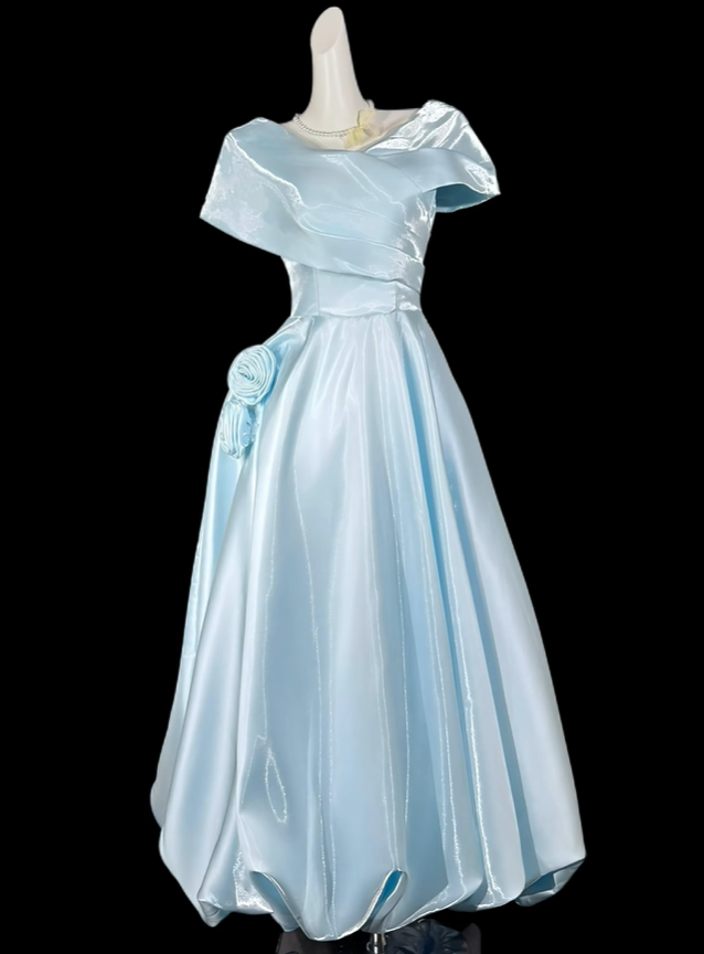 Charming Blue Satin Pleated 3D Floral A Line Long Evening Dress Birthday Party Gown D4164