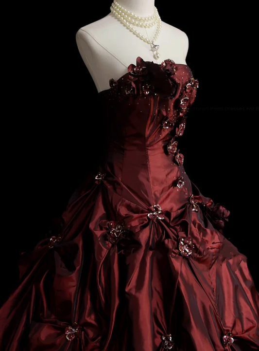 Retro Ball Gown Strapless Burgundy Satin Pleated Appliques Beaded Quinceanera Dress Sweet 15 Dress D4896