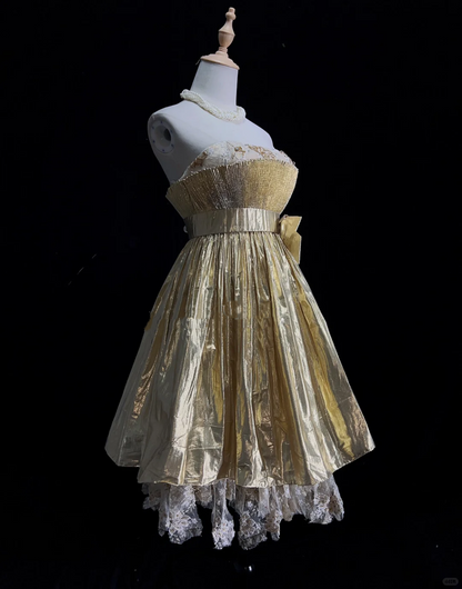 Gorgeous Gold Strapless Lace Satin Pleated A Line Short Homecoming Dress Cocktail Dress D3371