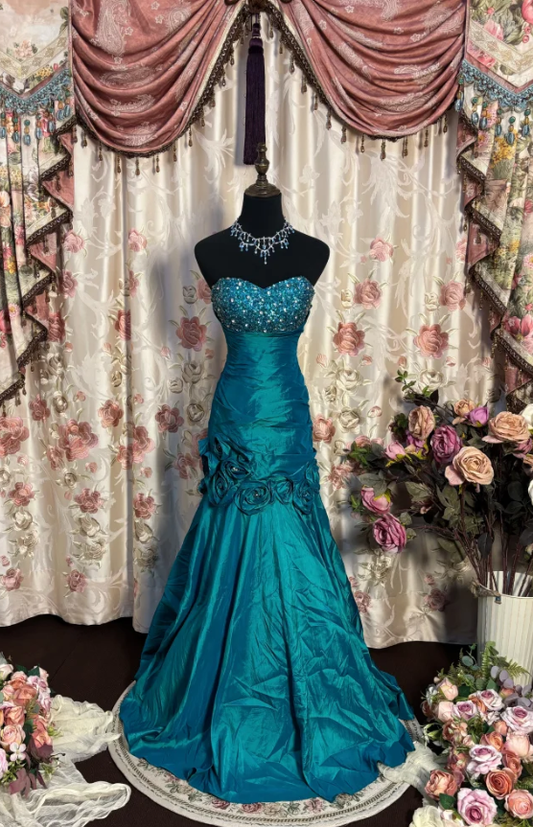 Unique Sweetheart Neck Satin Beaded Mermaid Long Evening Dress Party Gown With Flowers D2188