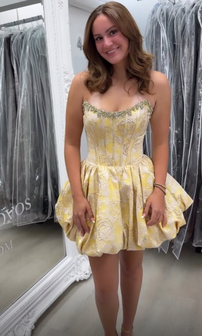 Gorgeous Strapless Satin Print Floral Beaded Short Graduation Homecoming Dress,Yellow Short Prom Dress D4305