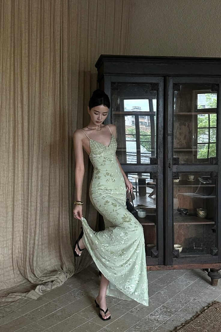 Pretty Spaghetti Straps Satin Floral Beaded Long Party Dress Sage Green Mermaid Long Evening Gown D4917