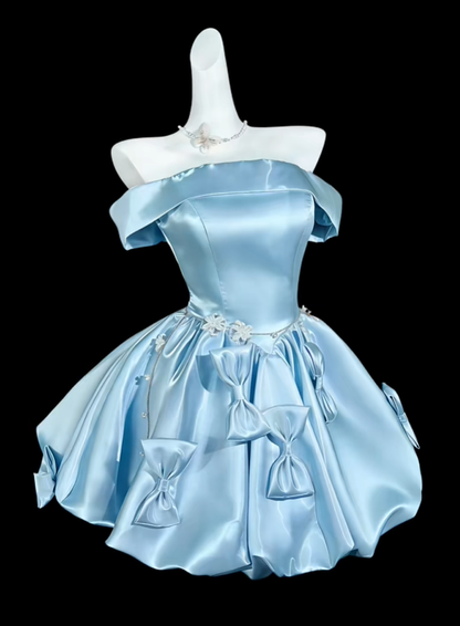 Cute Blue Satin Bow A Line Short 20th Birthday Outfits,Off The Shoulder Mini Party Dress D4209