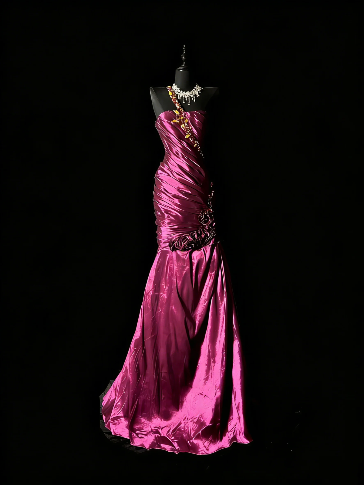 Charming One Shoulder Satin Pleated Beaded Mermaid Long Prom Dresses Hot Pink Backless Long Evening Dress D4889