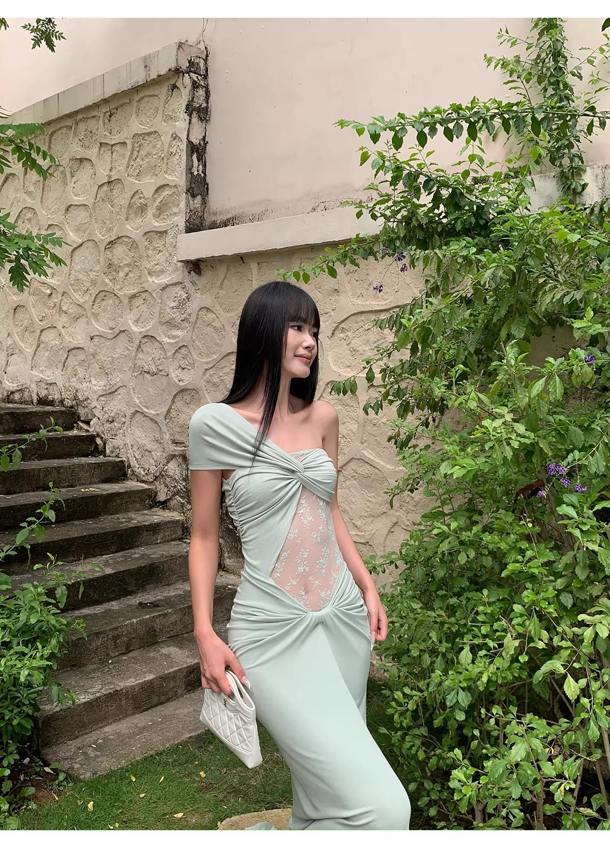 Elegant Pea Green Shoulder Satin Lace Mermaid Long Wedding Guest Dress Formal Evening Dress Prom Dress D2080