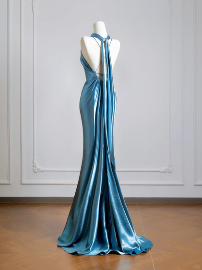Sexy Halter Sleeveless Satin Mermaid Long Wedding Guest Dress Blue Evening Dress D2502