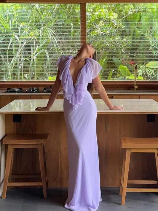 Elegant Lilac Ruffle V Neck Chiffon Mermaid Evening Dress Long Wedding Guest Dress D3429