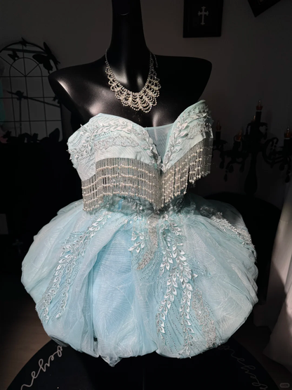 Glamorous Off The Shoulder Tulle Sequin Beaded A Line Homecoming Dress,Blue Mini 16th Birthday Outfits D3020
