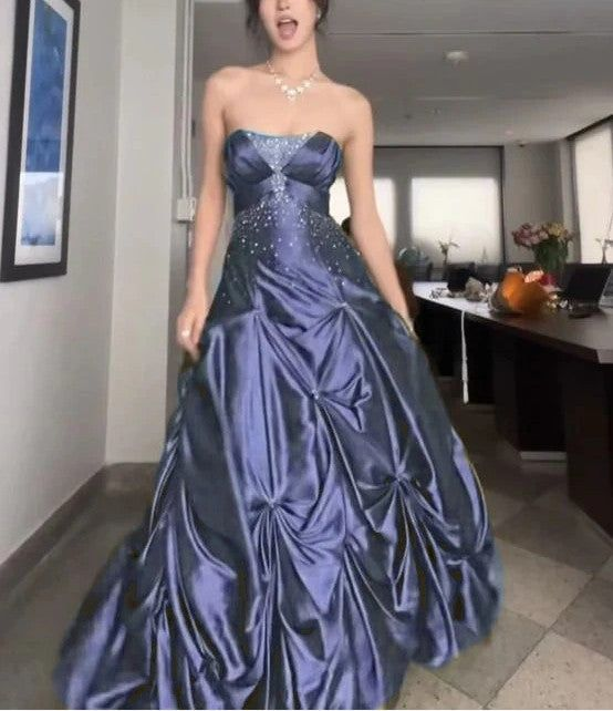 Retro Ball Gown Strapless Green Ruffles Satin Long Party Dress Prom Dresses SD1388