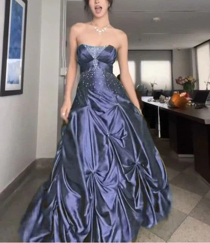 Retro Ball Gown Strapless Green Ruffles Satin Long Party Dress Prom Dresses SD1388
