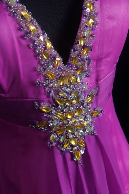 Elegant Halter V Neck Fuchsia Chiffon Beaded Party Dress Formal Long Wedding Guest Dress D2851