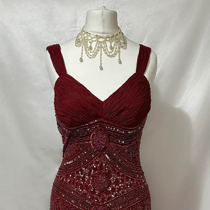 Gorgeous Red V NecK Tulle Sequin Beaded Mermaid Long Evening Dress Formal Birthday Party Dress D1480