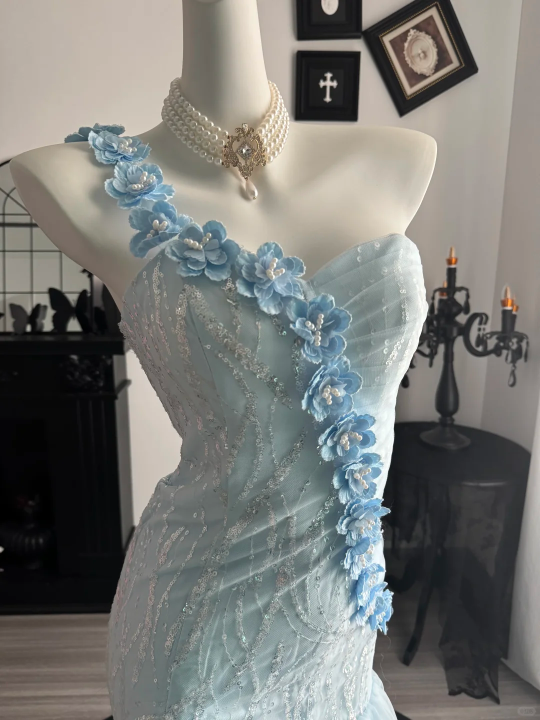 Classy Blue One Shoulder Sequin Tulle Layered Mermaid Long Prom Dress Evening Dress With Florals D3713