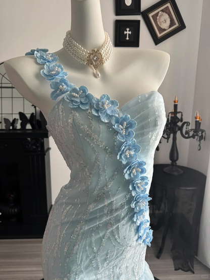 Classy Blue One Shoulder Sequin Tulle Layered Mermaid Long Prom Dress Evening Dress With Florals D3713